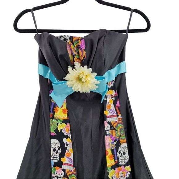 Vtg Jessica McClintock Dress XS Black Upcycled Day Of The Dead Fit & Flare Mini - Picture 5 of 9